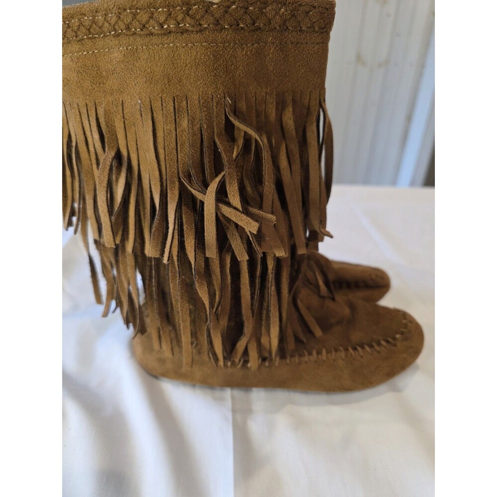 Junior Girls  Moccasin Boots Brown Suede With Fringe  Rampage Size 4 Medium